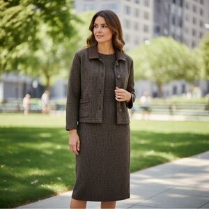 Vtg Sweet Jessie Brown Black Knit 2pc Dress Jacket Set XL Lagenlook Cottagecore